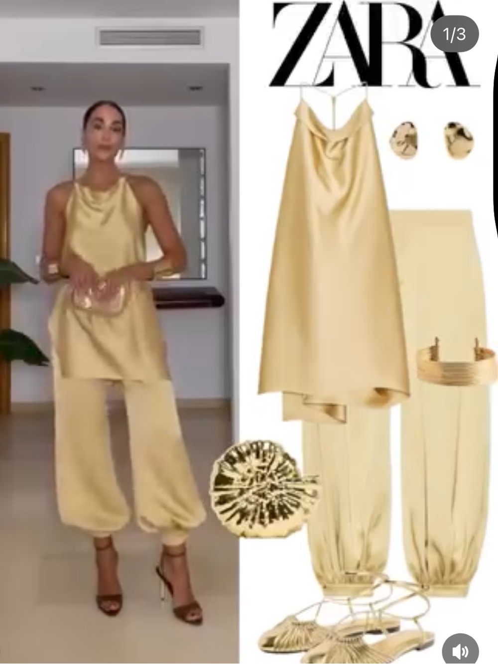 Zara NWT 2 piece set gold satin halter top and balloon pants 8442/352 8406/352